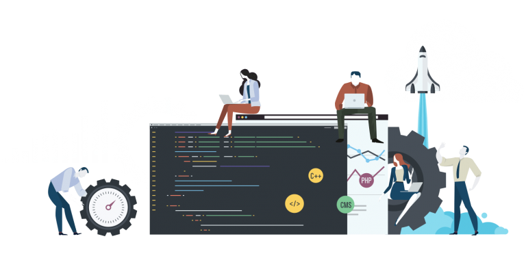 Illustration of developers and different programming languages